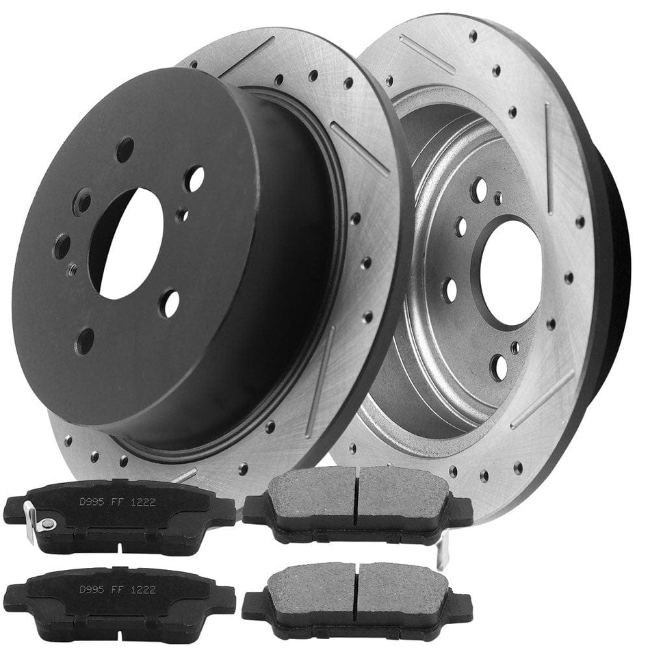 MotorbyMotor Rear Brake Rotors & Brake Pad Kit 291mm Drilled & Slotted Design Including CLEANER DOT4 FLUID Fits for Toyota Sienna 2004-2010