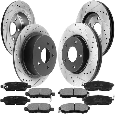 Front & Rear Drilled & Slotted Disc Brake Rotors + Ceramic Pads + Cleaner & Fluid Fits for 2013 2014 2015 2016 2017 2018 2019 Nissan Sentra