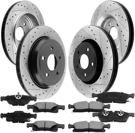 MotorbyMotor 350mm Front & Rear Drilled & Slotted Disc Brake Rotors + Ceramic Pads + Cleaner & Fluid 2011-2019 Dodge Druango (V8 5.7L), 2011 - 2019 Jeep Grand Cherokee (Excluding SRT Models)