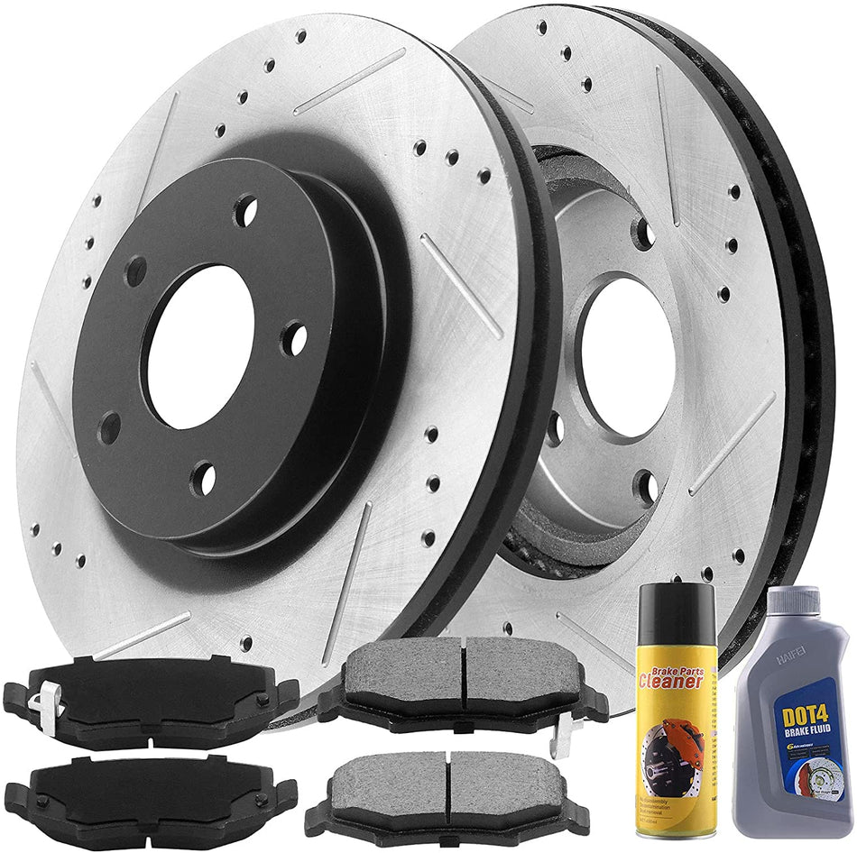 Front Drilled & Slotted Brake Discs Rotors w/Ceramic Brake Pads w/Cleaner & Fluid Fit 2011 2012 2013 2014 2015 Chevrolet Cruze [16 Cruze Limited] 2012 2013 2014 2015 2016 2017 Chevrolet Sonic 5 Lugs