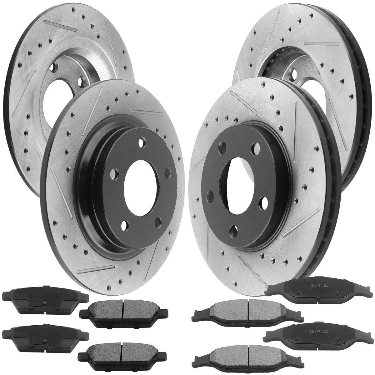 Front Rear Drilled & Slotted Brake Rotors + Ceramic Brake Pads + Cleaner & Fluid Fit for 1999 2000 2001 2002 2003 2004 Ford Mustang, 5 Lugs(Bolts Not Included)-54011 54017