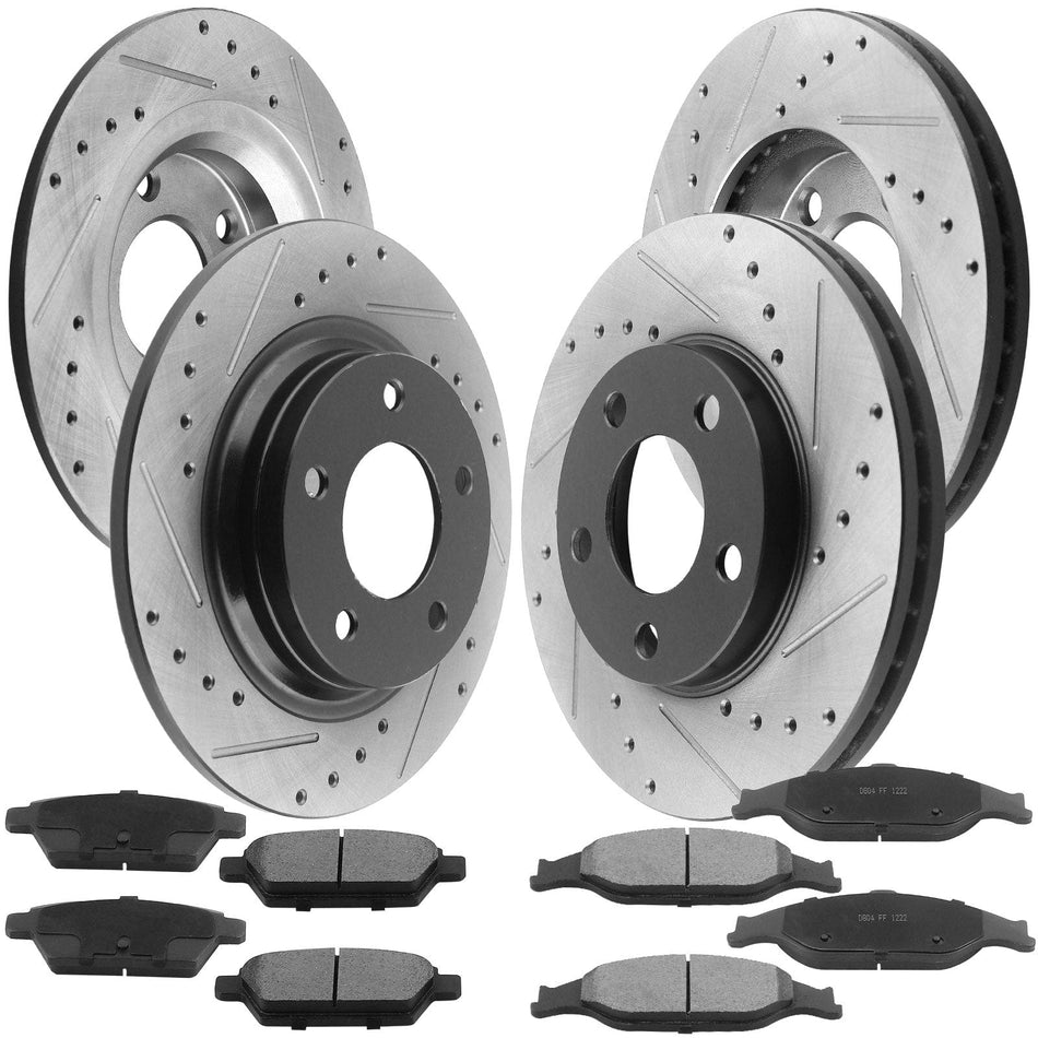 Front Rear Drilled & Slotted Brake Rotors + Ceramic Brake Pads + Cleaner & Fluid Fit for 1999 2000 2001 2002 2003 2004 Ford Mustang, 5 Lugs(Bolts Not Included)-54011 54017