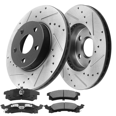 MotorbyMotor Front Brake Rotors & Brake Pad Kit 259mm Drilled & Slotted Design Fits for Buick Skylark, Chevrolet Beretta Cavalier Corsica Achieva, Pontiac Grand AM Sunbird Sunfire