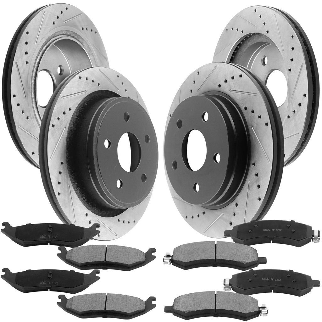 Front & Rear Drilled and Slotted Disc Brake Rotors w/Ceramic Brake Pads w/Cleaner & Fluid for Chrysler Aspen, Dodge Durango Ram 1500-5 Lugs 2WD or 4WD