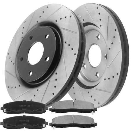 Front Drilled & Slotted Disc Brake Rotors + Ceramic Pads + Cleaner & Fluid Fits for 17-20 Chrysler Pacifica/Town & Country, Dodge Grand Caravan/Journey, Ram C/V, Volkswagen Routan