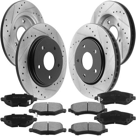 Front & Rear Drilled & Slotted Disc Brake Rotors + Ceramic Pads + Cleaner & Fluid Fits for Chrysler Town & Country, Dodge Grand Caravan, Dodge Journey, Ram C/V