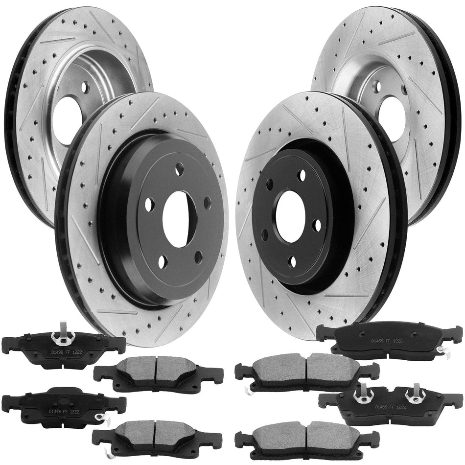 Front/Rear Drilled & Slotted Disc Brake Rotors Kit w/Ceramic Brake Pads + Cleaner & Fluid Fit Dodge Durango/Jeep Grand Cherokee (V8 5.7L),5 Lugs