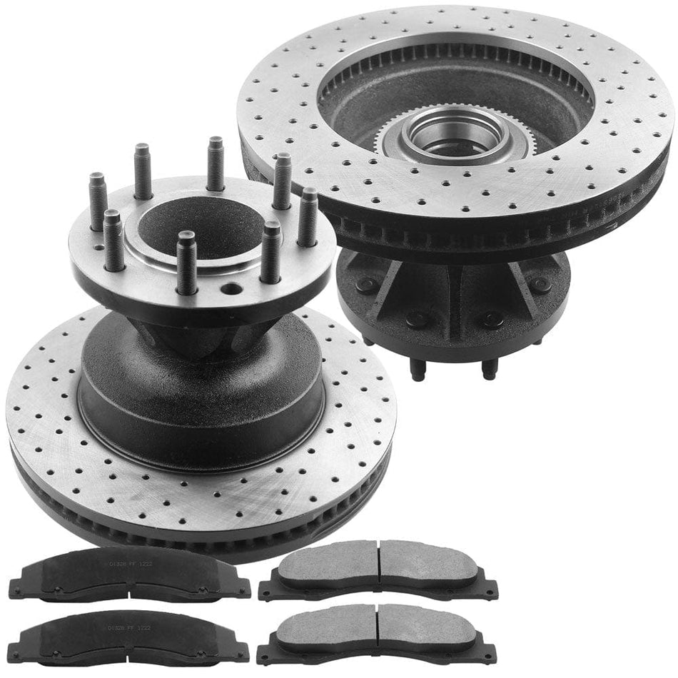 MotorbyMotor Front Brake Rotors & Brake Pad Kit 345mm Drilled & Slotted Design Including CLEANER DOT4 FLUID Fits for Ford E-350 Super Duty, Ford E-450 Super Duty (Dual Rear Wheel Models)