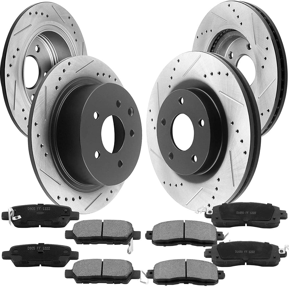 Front & Rear Drilled & Slotted Disc Brake Rotors + Ceramic Pads + Cleaner & Fluid Fits for 2013 Nissan Altima (Sedan Models ONLY), 2014-2017 Nissan Altima (All Models)
