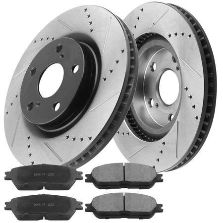Front Drilled & Slotted Disc Brake Rotors + Ceramic Pads + Cleaner & Fluid Fits for Lexus ES300 IS250, Toyota Avalon Camry Sienna Solara-5-Lug Wheel Holes