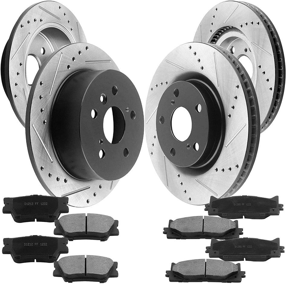 Front & Rear Drilled & Slotted Disc Brake Rotors + Ceramic Pads + Cleaner & Fluid Fits for 2013-2018 Lexus ES300h/ES350, 2013-2018 Toyota Avalon, 2012 - 2017 Toyota Camry