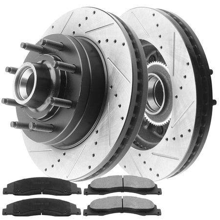 Front Drilled & Slotted Disc Brake Rotors + Ceramic Pads + Cleaner & Fluid Fits for 2008-2014 Ford E-150, 2008-2014 Ford E-250, 2008-2019 Ford E-350