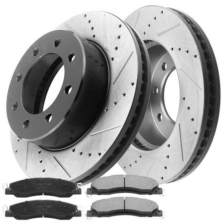 Front Drilled & Slotted Disc Brake Rotors + Ceramic Pads + Cleaner & Fluid Fits for 2009-2010 Dodge Ram 2500 3500 Pickup, 2009 Dodge Ram 4000, 11-19 Ram 2500,11-20 Ram 3500, 14-15 Ram 4000