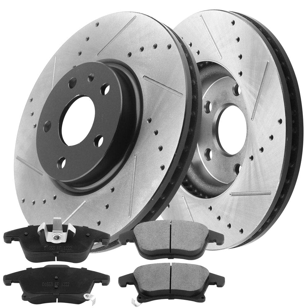 Front Drilled & Slotted Disc Brake Rotors + Ceramic Pads + Cleaner & Fluid Fits for 2013-2019 Ford Fusion, 2013-2016 Lincoln MKZ