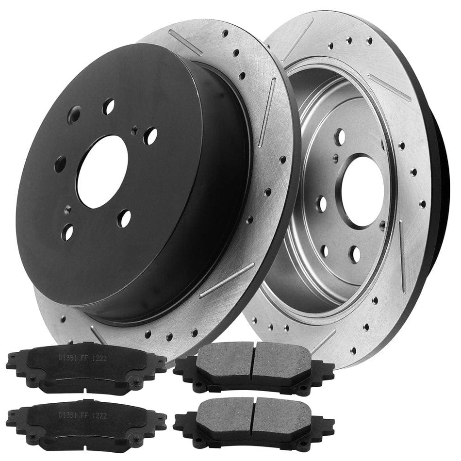 Rear Drilled & Slotted Disc Brake Rotors + Ceramic Pads Fits for 2010-2015 Lexus RX350 RX450H, 2014-2019 Toyota Highlander, 2011-2020 Toyota Sienna