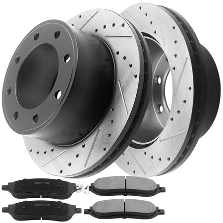 Rear Drilled & Slotted Brake Rotors & Ceramic Brake Pads w/Cleaner & Fluid Fits 2005-2013 Ford F-250 Super Duty-[2005-2012 Ford F-350 Super Duty]