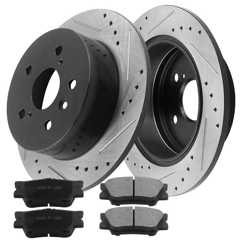 MotorbyMotor Rear Brake Rotors & Brake Pad Kit 281mm Drilled & Slotted Design Including CLEANER DOT4 FLUID Fits for Lexus ES300h ES350, Toyota Avalon Camry