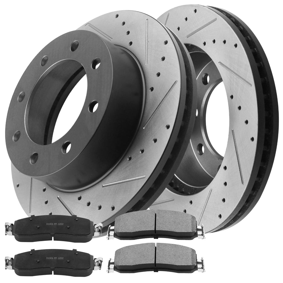  a complete brake kit that includes two drilled and slotted disc brake rotors, four ceramic brake pads, 