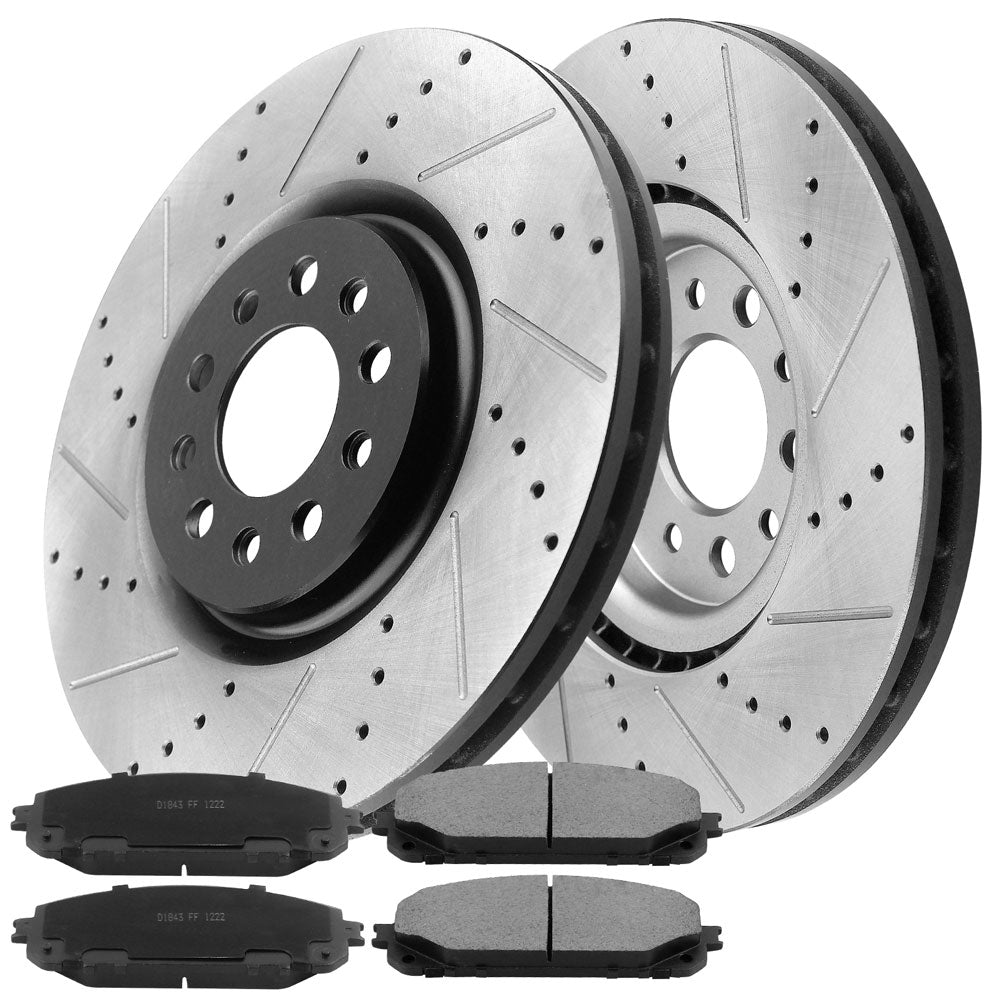 Front Drilled & Slotted Brake Rotors & Ceramic Brake Pads w/Cleaner & Fluid Fit 2015 2016 2017 Chrysler 200, 2014 2015 2016 2017 Jeep Cherokee 5 Lugs
