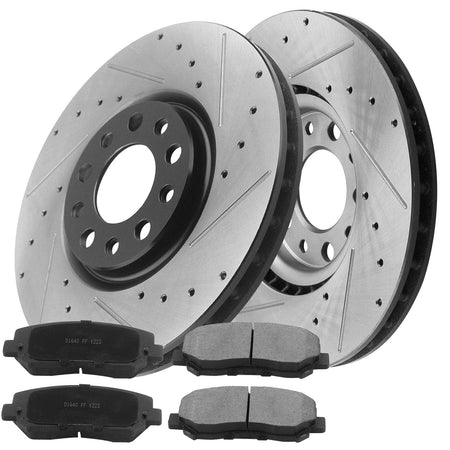 Front Drilled & Slotted Brake Discs Rotors w/Ceramic Brake Pads w/Cleaner & Fluid Fit 2013 2014 2015 2016 Dodge Dart