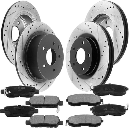 Front & Rear Drilled & Slotted Disc Brake Rotors + Ceramic Pads + Cleaner & Fluid Fits for 2007- 2012 Nissan Altima (All Models), 2013 Nissan Altima (S Coupe Models ONLY)