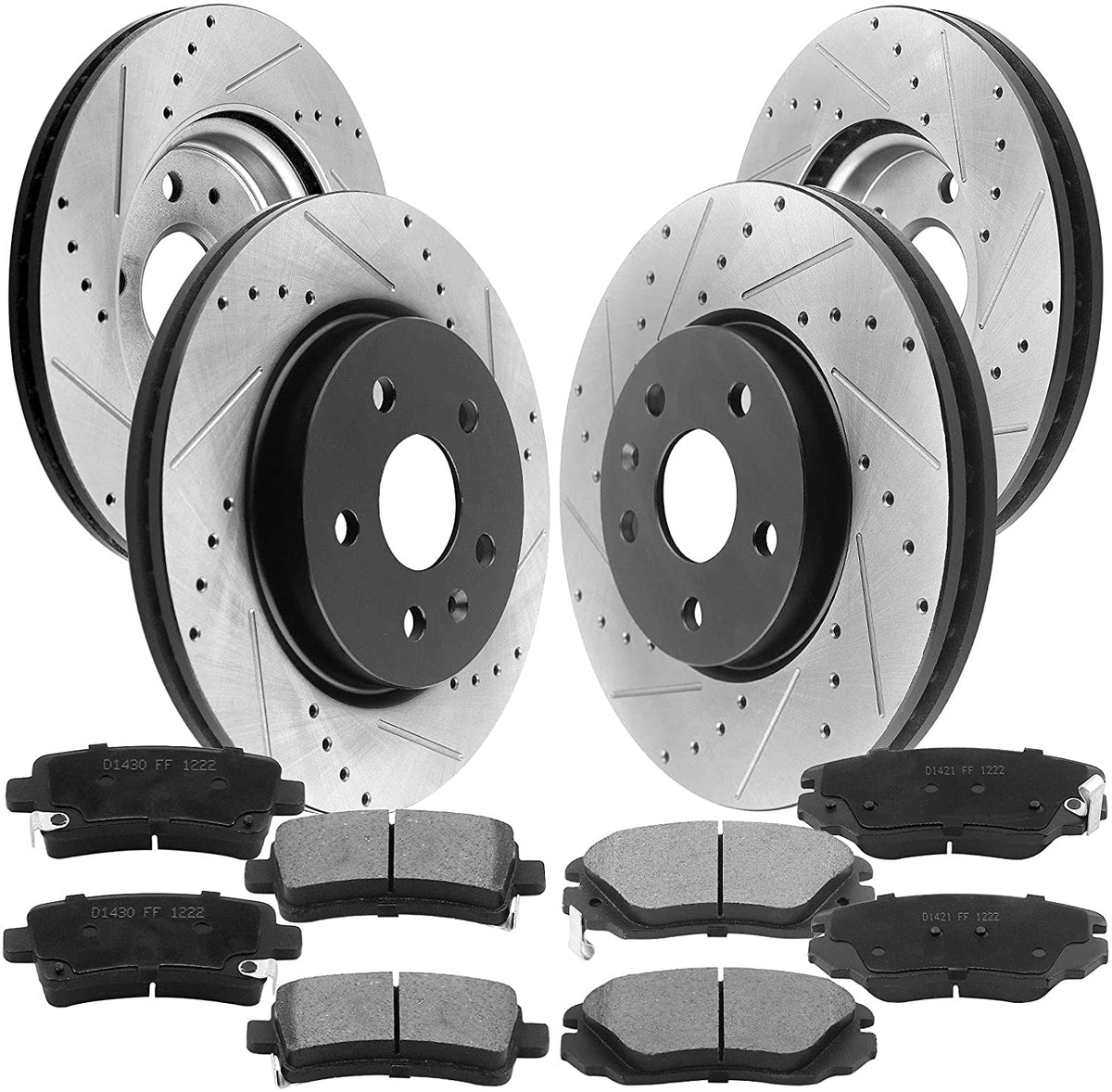 Front & Rear Drilled & Slotted Disc Brake Rotors + Ceramic Pads + Cleaner & Fluid Fits for 2010 2011 2012 2013 2014 2015 Chevy Camaro
