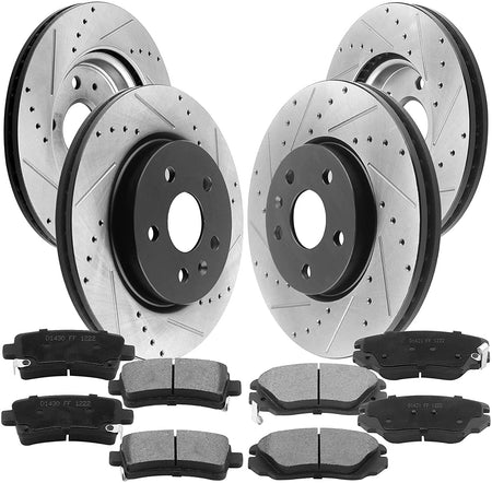 Front & Rear Drilled & Slotted Disc Brake Rotors + Ceramic Pads + Cleaner & Fluid Fits for 2010 2011 2012 2013 2014 2015 Chevy Camaro