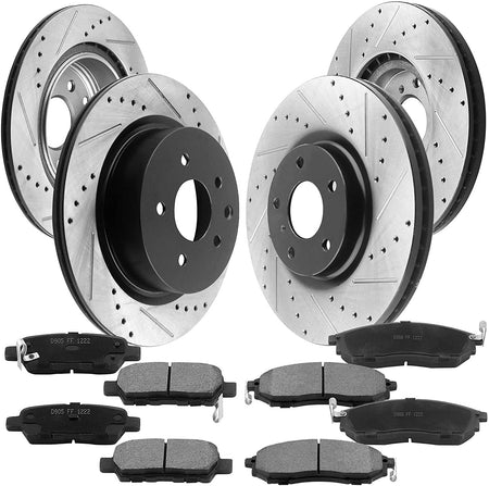 Front & Rear Drilled & Slotted Disc Brake Rotors + Ceramic Pads + Cleaner & Fluid Fits for Nissan EX35 EX37 G25 G35 G37 M35 M45 Q40 QX50 350Z 370Z Maxima