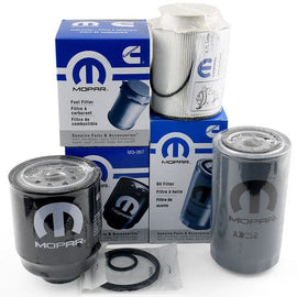 Mopar oil and fuel filter kit, part number 68197867AB, with filters and packaging displayed.
