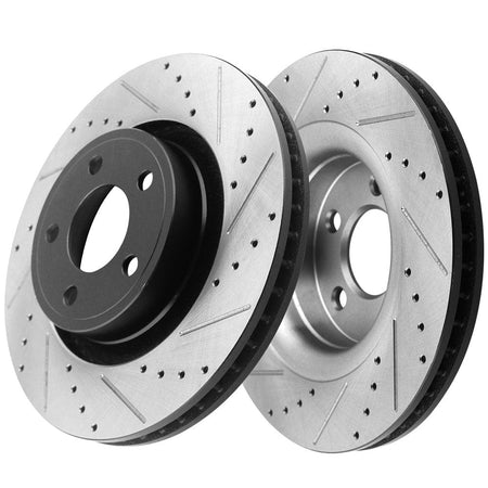 Front Drilled & Slotted Disc Brake Rotors + Ceramic Pads + Cleaner & Fluid Fits for Ford Mustang 2015 2016 2017 2018 2019 2020 (2.3L, 3.7L)