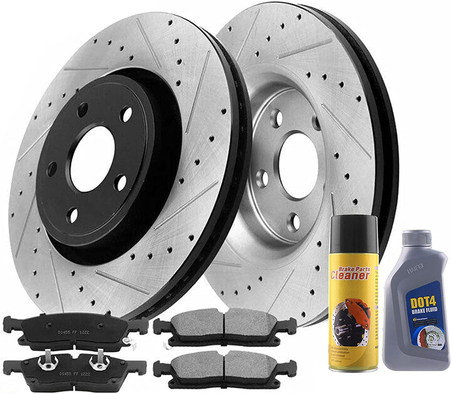 MotorbyMotor Front Drilled & Slotted Brake Rotor & Pad kit Including CLEANER DOT4 FLUID Fits for Infiniti I35, Nissan Maxima Altima