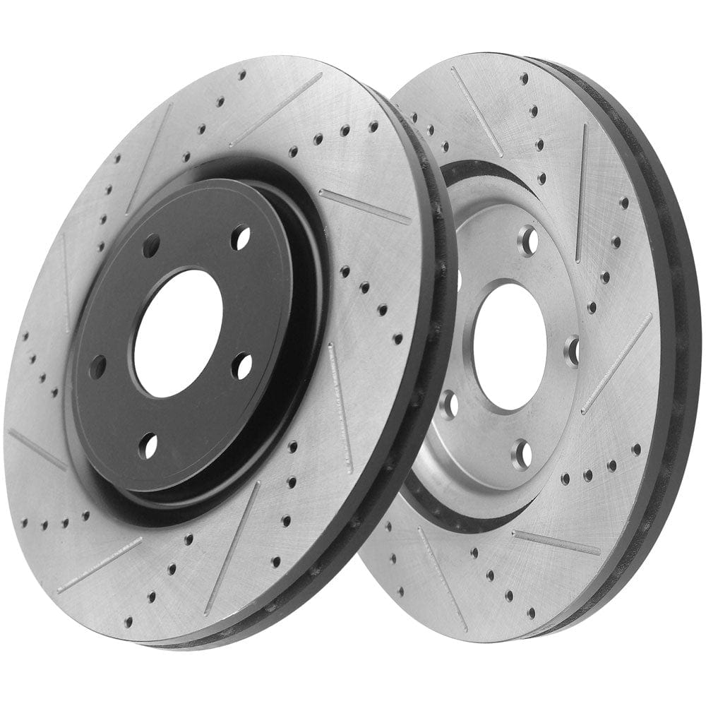 Front Drilled & Slotted Disc Brake Rotors + Ceramic Pads + Cleaner & Fluid Fits for 17-20 Chrysler Pacifica/Town & Country, Dodge Grand Caravan/Journey, Ram C/V, Volkswagen Routan