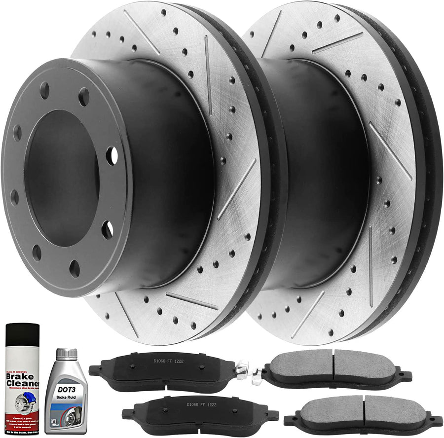 New Set Rear Drilled Slotted Rotors Ceramic Pads Ford F-350 F-250 Super Duty