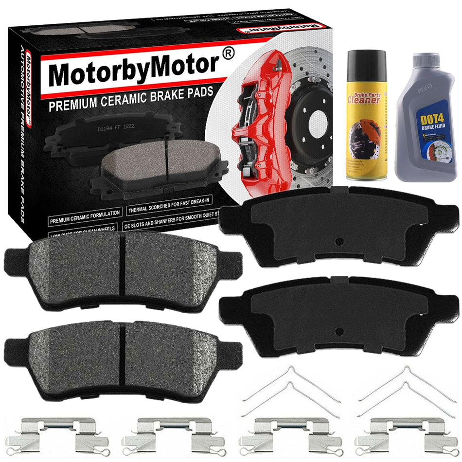 MotorbyMotor Rear Ceramic Brake Pads with Hardware Kits & CLEANER DOT4 FLUID for Nissan Frontier 2005-2009, Nissan Xterra 2005-2015, Suzuki Equator 2009-2012 Low Dust Brake Pad