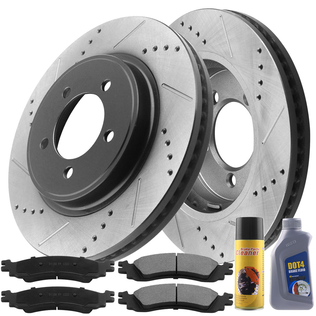 Front Drilled & Slotted Disc Brake Rotors w/Ceramic Pads w/Cleaner & Fluid for Ford Explorer, Ford Explorer Sport Trac, Mercury Mountaineer
