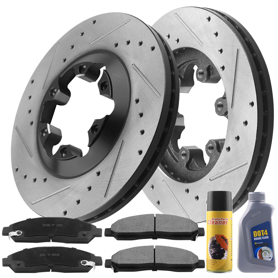 Front Drilled Slotted BrakeRotors + Ceramic Brake Pads +Cleaner & Fluid Fit Chevy Colorado, GMC Canyon,  Isuzu I-280 I-350 I-290 I-370