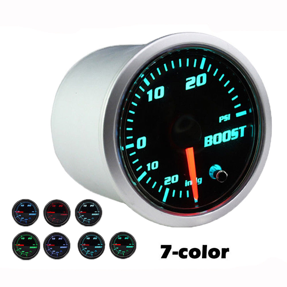 7 Color Turbo Boost Gauge Kit-30 PSI Pressure Vacuum Pointer Gauge 12V- 2-1/16" 52mm for Car Truck- Black Dial - Smoked Lens