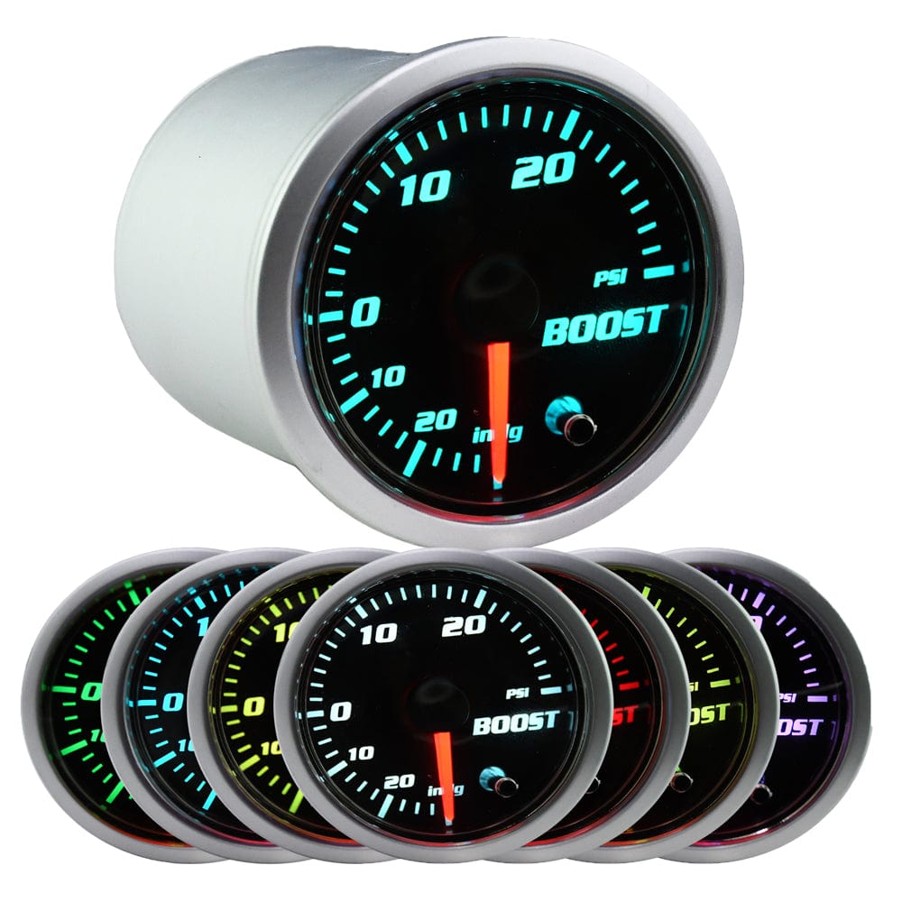 7 Color Turbo Boost Gauge Kit-30 PSI Pressure Vacuum Pointer Gauge 12V- 2-1/16" 52mm for Car Truck- Black Dial - Smoked Lens