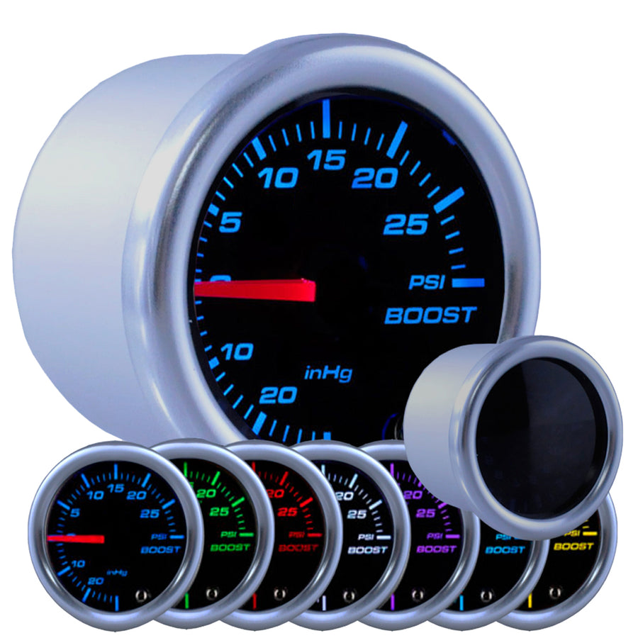 MotorbyMotor 52mm Gauge Turbo Boost, 7 Color 30 PSI Turbo Pressure Gauge Vacuum Meter-Universal