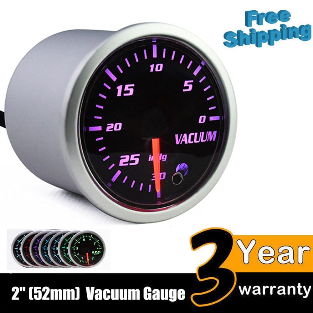 7 Color Vacuum Gauge Kit-2 Inch 52mm Vacuum Indicator Gauge 0 to 30 in.HG Vacuum Auto Car Meter Smoke Tint Lens 12V