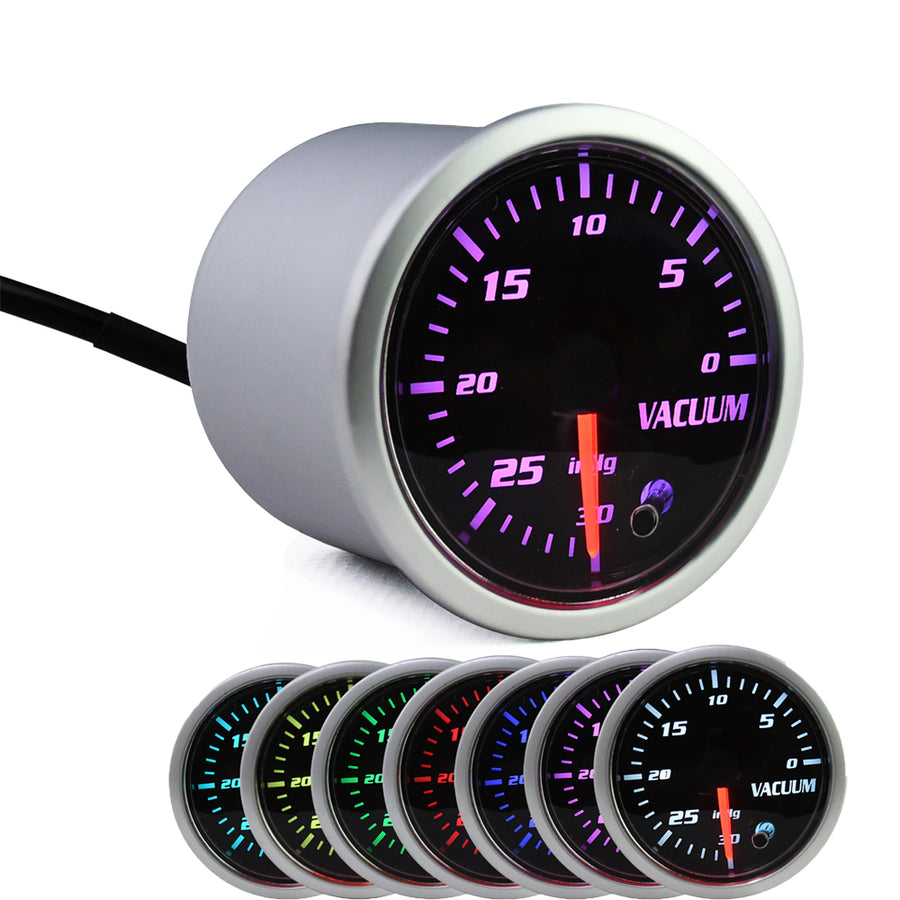 7 Color Vacuum Gauge Kit-2 Inch 52mm Vacuum Indicator Gauge 0 to 30 in.HG Vacuum Auto Car Meter Smoke Tint Lens 12V