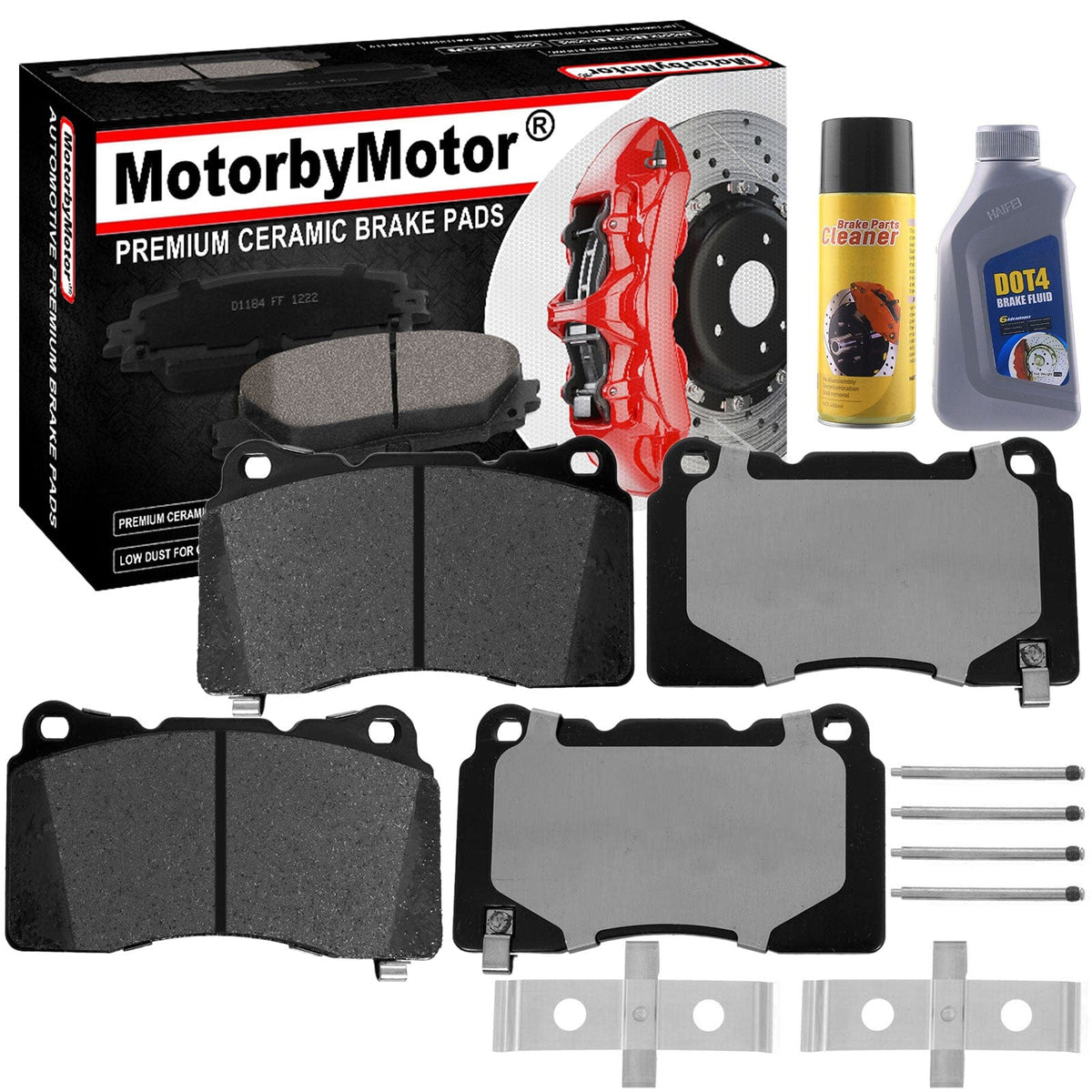 MotorbyMotor Front Ceramic Brake Pads with Hardware Kits & CLEANER DOT4 FLUID for Buick Regal Sportback Tourx, Caillac ATS CT6 CTS STS XTS,Chevrolet Camaro Corvette, Ford GT Mustang, Hyundai Genesis Coupe