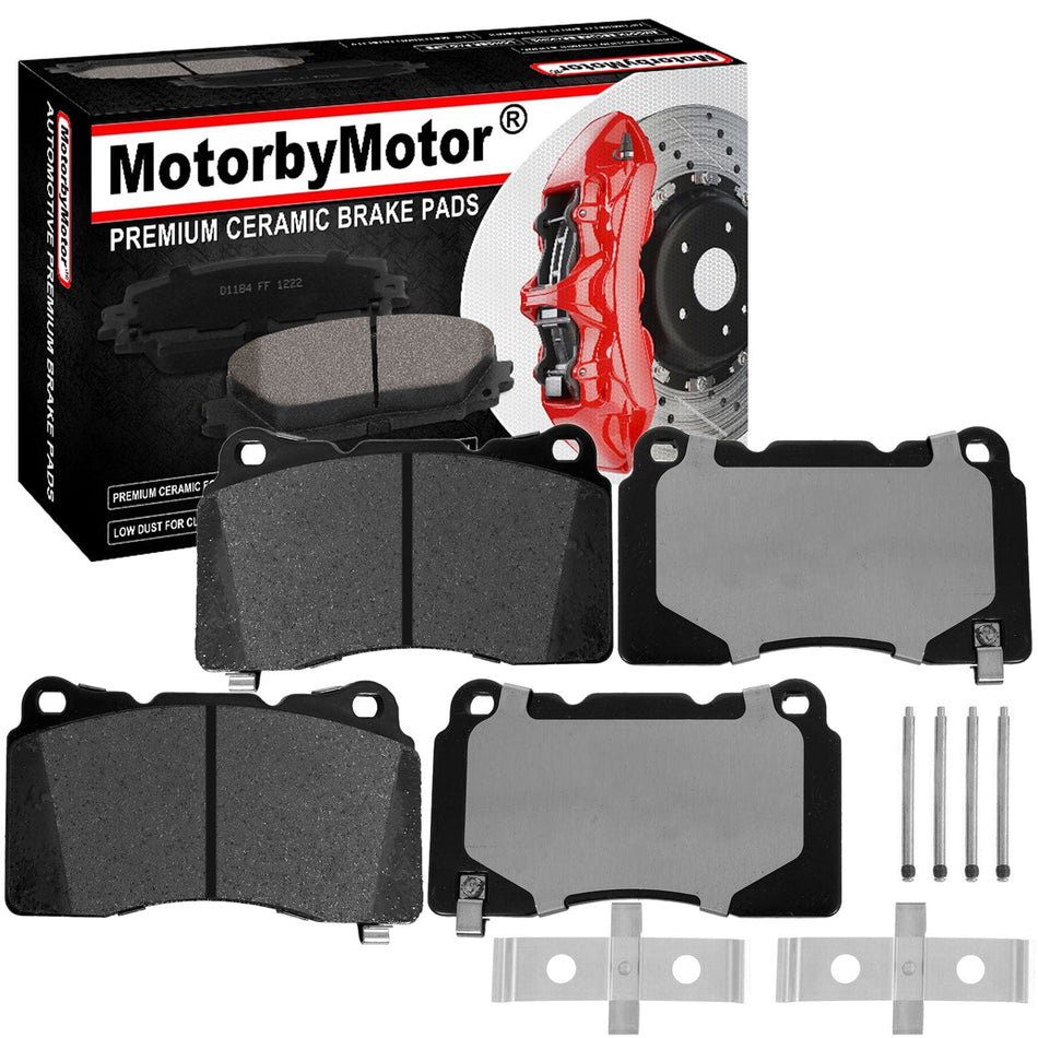MotorbyMotor Front Ceramic Brake Pads with Hardware Kits Buick Regal Sportback Tourx, Caillac ATS CT6 CTS STS XTS,Chevrolet Camaro Corvette, Ford GT Mustang, Hyundai Genesis Coupe, Pontiac G8