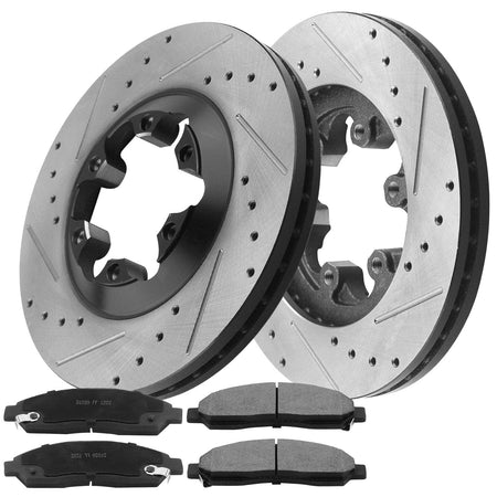 Front Drilled Slotted BrakeRotors + Ceramic Brake Pads +Cleaner & Fluid Fit Chevy Colorado, GMC Canyon,  Isuzu I-280 I-350 I-290 I-370