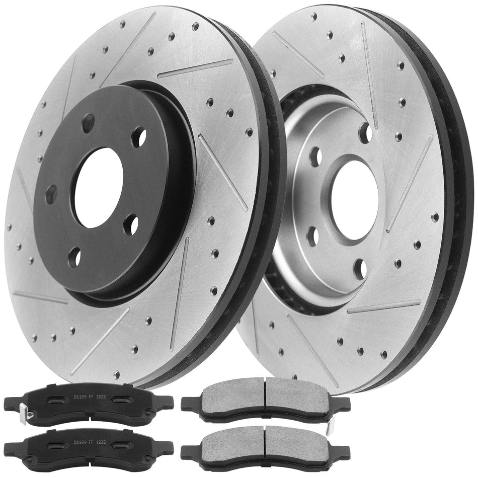 Front Drilled & Slotted Disc Brake Rotors w/Ceramic Pads w/Cleaner & Fluid Fits for 2009-2012 Chevy Colorado, 2009-2012 GMC Canyon