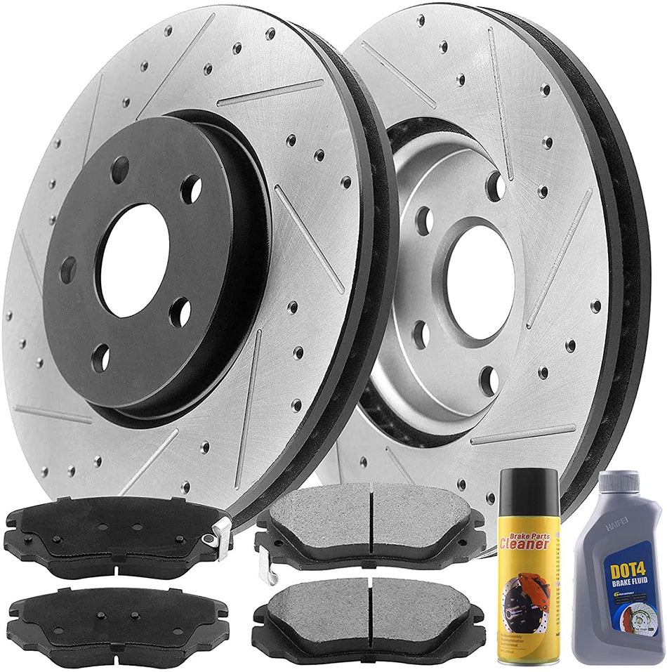Front Drilled and Slotted Disc Brake Rotors Kit w/Ceramic Brake Pads+ Cleaner & Fluid Fit Chevy Cobalt Hhr Ss Malibu Maxx Sedan Pontiac G6 Ss Saturn Aura Ion Redline, 5 Lugs Counts-55093