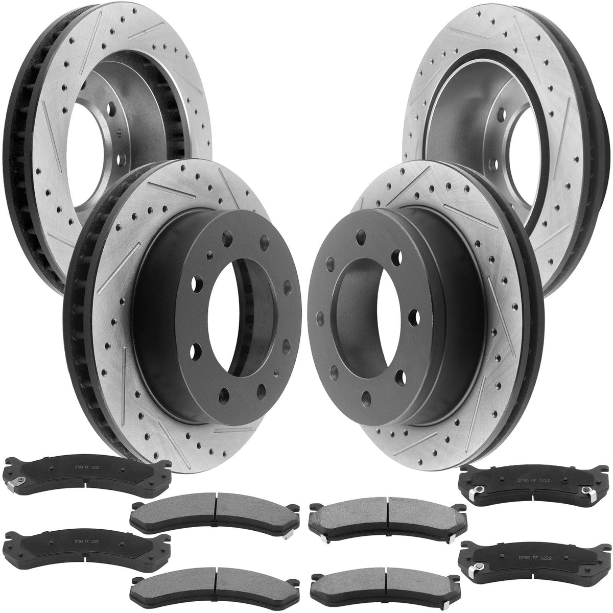 Front & Rear Disc Brake Rotors + Ceramic Brake Pads + Cleaner & Fluid for Chevy Avalanche Silverado 2500 3500, GMC Sierra 2500 3500, 8 Lugs-55055 55072