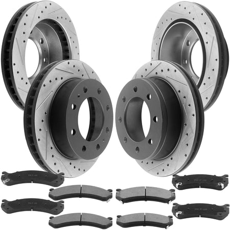 Front & Rear Disc Brake Rotors + Ceramic Brake Pads + Cleaner & Fluid for Chevy Avalanche Silverado 2500 3500, GMC Sierra 2500 3500, 8 Lugs-55055 55072
