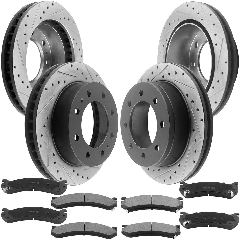 Front & Rear Disc Brake Rotors + Ceramic Brake Pads + Cleaner & Fluid for Chevy Avalanche Silverado 2500 3500, GMC Sierra 2500 3500, 8 Lugs-55055 55072