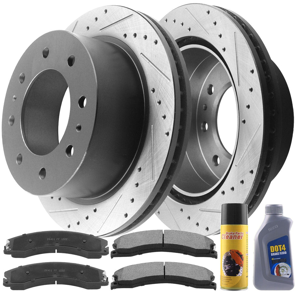 Rear Drilled Brake Rotors + Ceramic Brake Pads w/Cleaner & Fluid Replacement for Chevrolet Silverado 2500HD 3500HD Suburban (3500HD), GMC Sierra 2500HD 3500HD